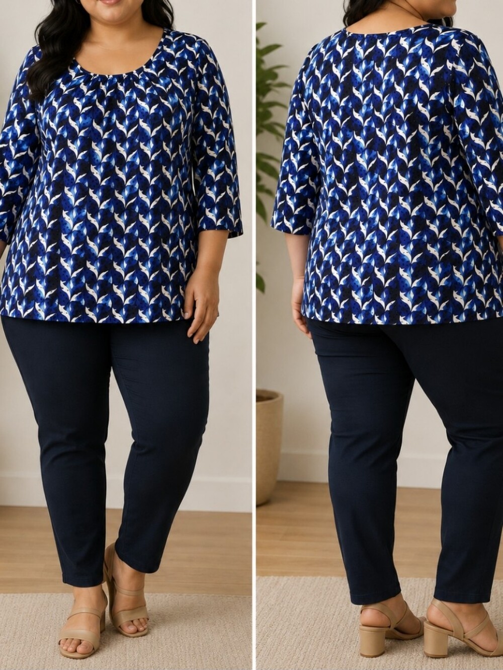 Alison Daley Blue Abstract Print 3/4 Sleeve Tunic Top Plus Size 2X Geometric